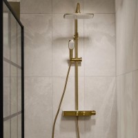 GRADE A1 - Triton Brushed Brass Push Button Thermostatic Mixer Bar Shower with Square Overhead & Handset