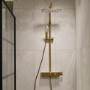 GRADE A1 - Triton Brushed Brass Push Button Thermostatic Mixer Bar Shower with Square Overhead & Handset