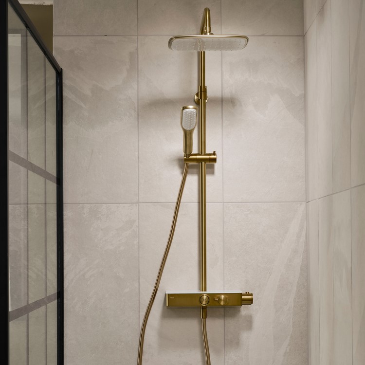 GRADE A1 - Triton Brushed Brass Push Button Thermostatic Mixer Bar Shower with Square Overhead & Handset