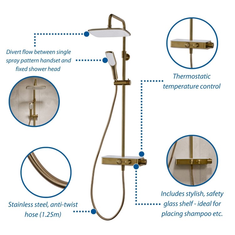 GRADE A1 - Triton Brushed Brass Push Button Thermostatic Mixer Bar Shower with Square Overhead & Handset