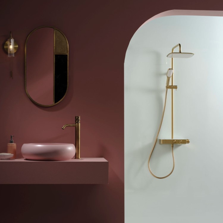 GRADE A1 - Triton Brushed Brass Push Button Thermostatic Mixer Bar Shower with Square Overhead & Handset