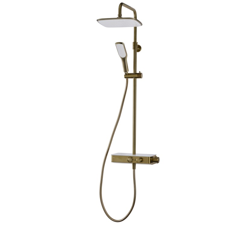GRADE A1 - Triton Brushed Brass Push Button Thermostatic Mixer Bar Shower with Square Overhead & Handset
