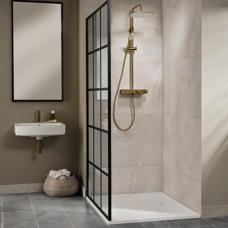 GRADE A1 - Triton Brushed Brass Push Button Thermostatic Mixer Bar Shower with Square Overhead & Handset