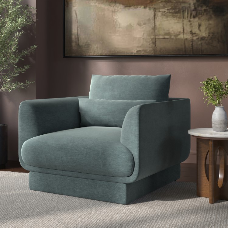 Blue Chenille Armchair with Cushion - Ramses