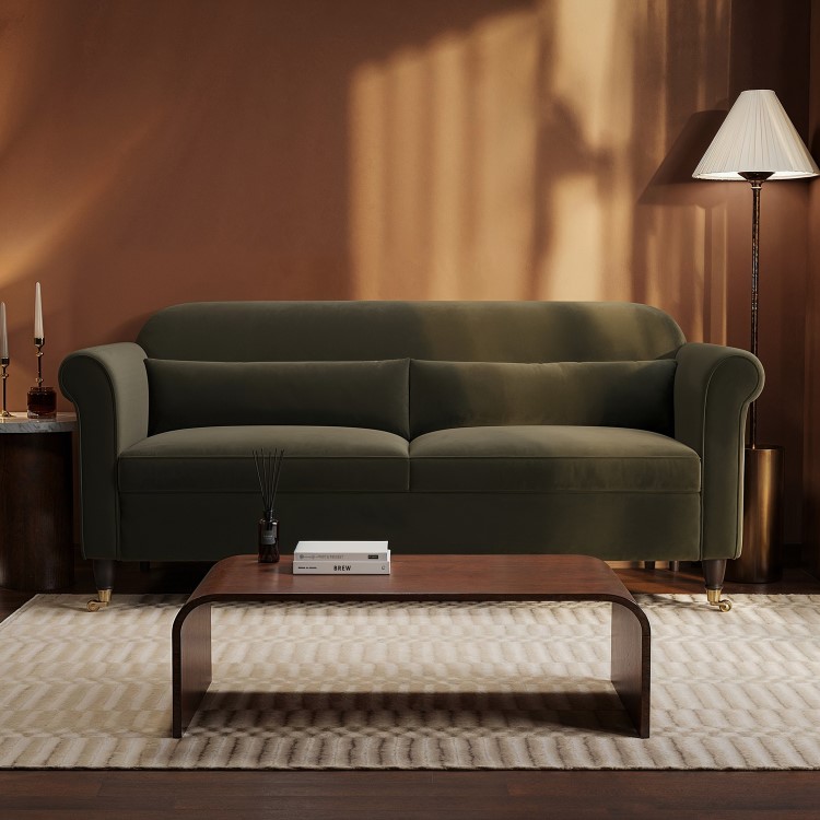 Khaki Green Velvet 3-Seater Sofa - Ramona