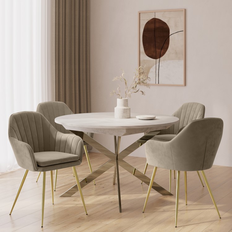 Round to Oval White Marble Effect Extendable Dining Table with Gold Legs - Seats 4 - 6 - Reine