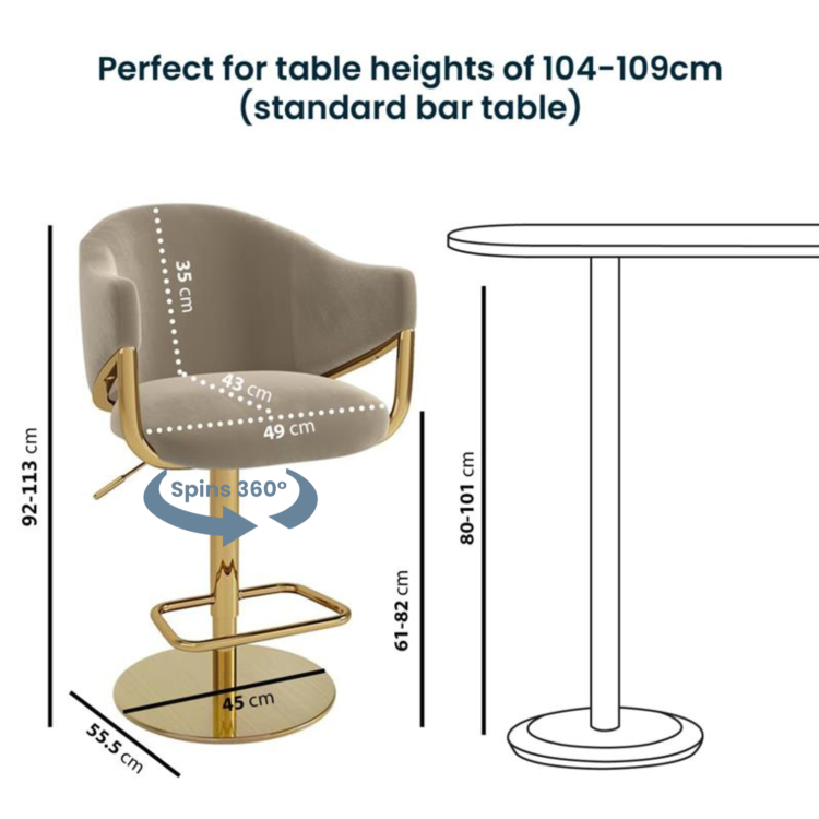 Beige Velvet Adjustable Swivel Bar Stool with Gold Base - Ronnie