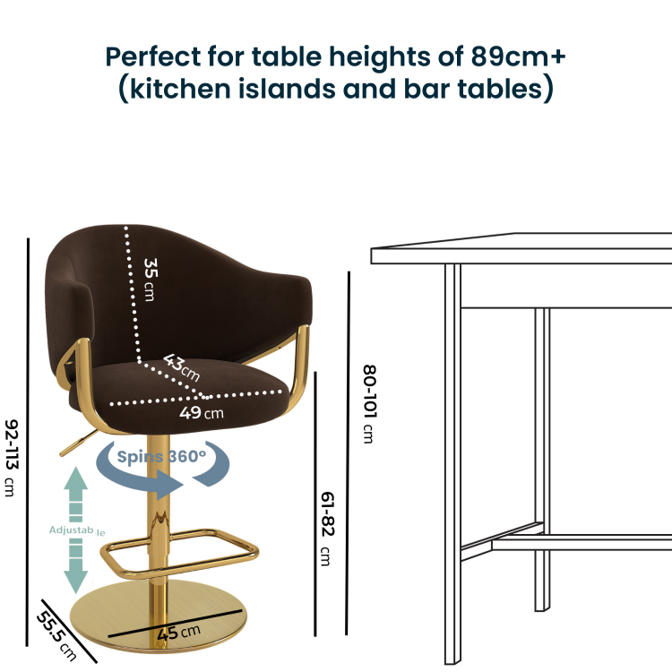 Brown Velvet Adjustable Swivel Bar Stool with Gold Base - Ronnie
