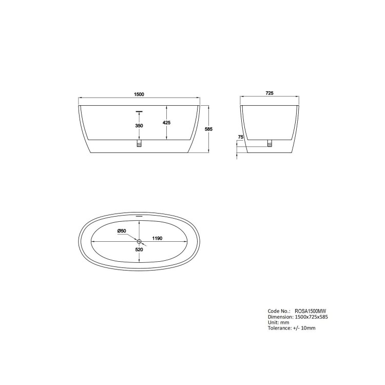 ALMOST PERFECT - Matt White Freestanding Double Ended Bath 1500 x 725mm - Rosa