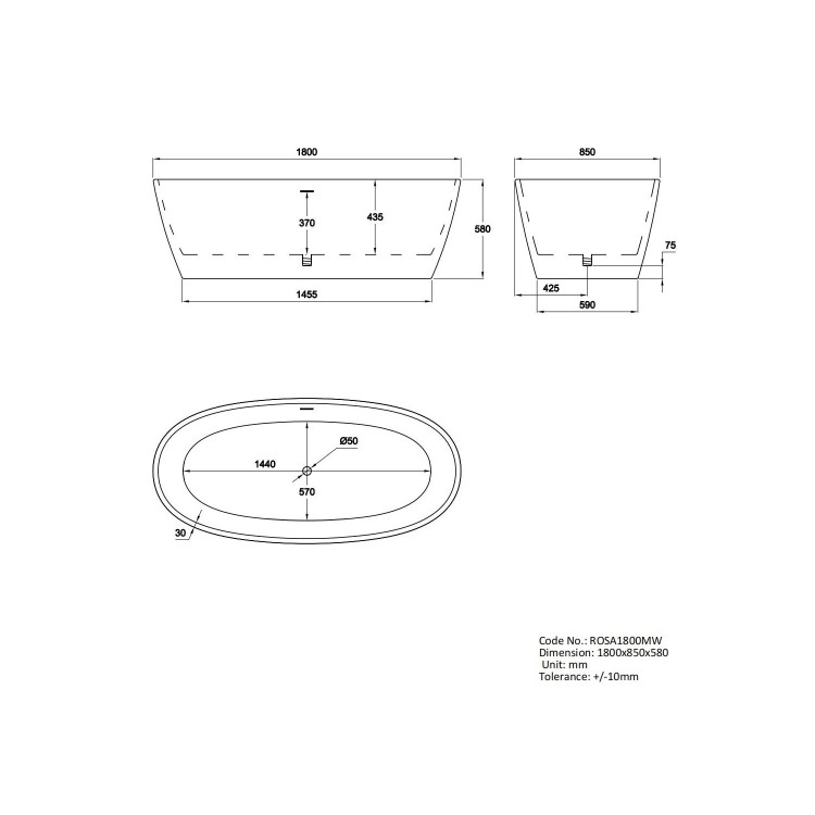GRADE A1 - Matt White Freestanding Double Ended Bath 1800 x 850mm - Rosa