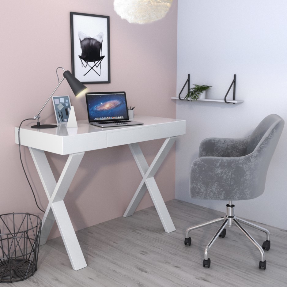 White Gloss Office Desk with Drawer Roxy BuyItDirect.ie