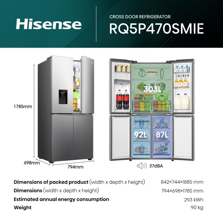 Hisense PureFlat Slim 482 Litre Four Door American Fridge Freezer - Silver
