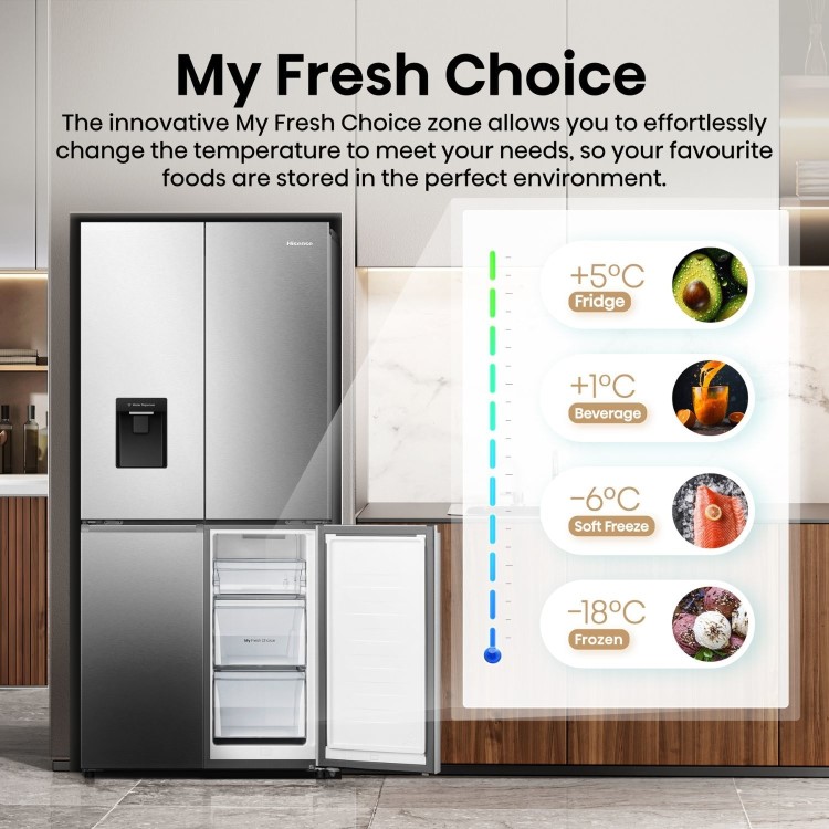 Hisense PureFlat Slim 482 Litre Four Door American Fridge Freezer - Silver
