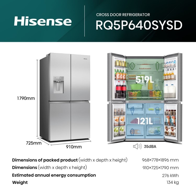 Hisense PureFlex 640 Litre Four Door American Fridge Freezer - Stainless Steel
