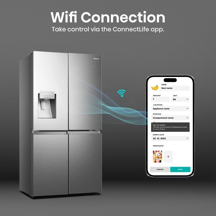 Hisense 584 Litre 4 Door American Fridge Freezer Non Plumbed Water Dispenser - Grey