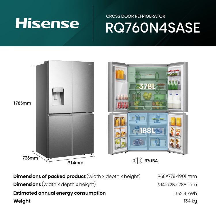 Hisense 584 Litre 4 Door American Fridge Freezer Non Plumbed Water Dispenser - Grey