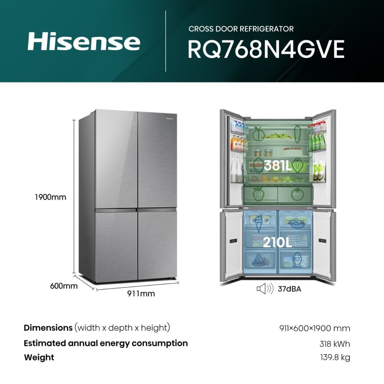 Hisense KitchenFit 591 Litre Four Door American Fridge Freezer - Silver