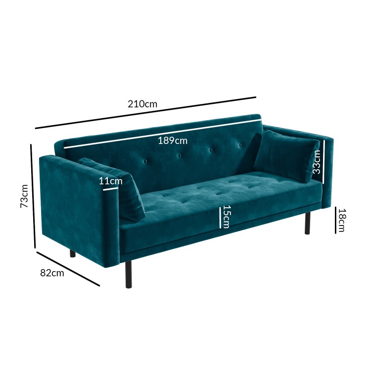 Teal Blue Velvet Sofa Bed with Cushions - Seats 3 - Rory