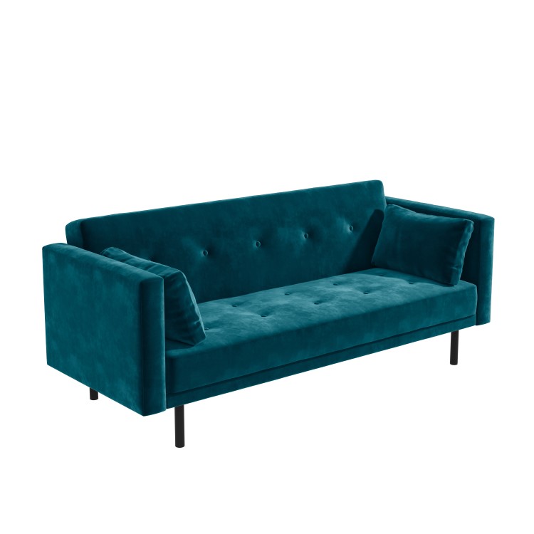Teal Blue Velvet Sofa Bed with Cushions - Seats 3 - Rory