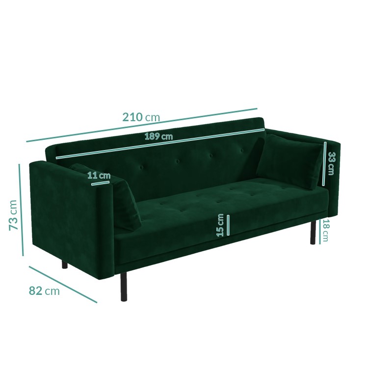 Velvet Sofa Bed in Dark Green with Buttons - Seats 3 - Rory