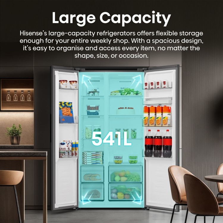 Hisense PureFlat 541 Litre Side-by-Side American Fridge Freezer - Black