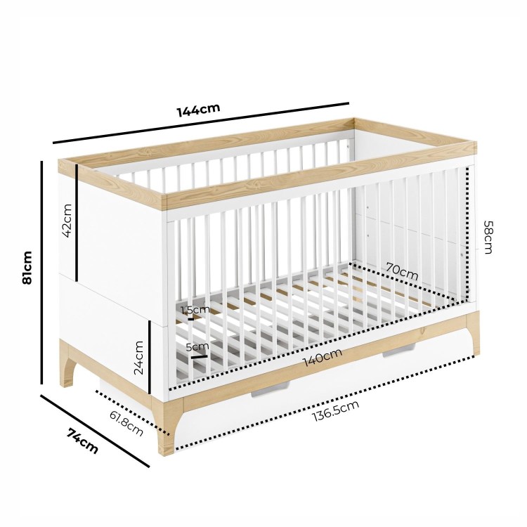 White and Wood Convertible Cot Bed with Drawer Storage - Rue
