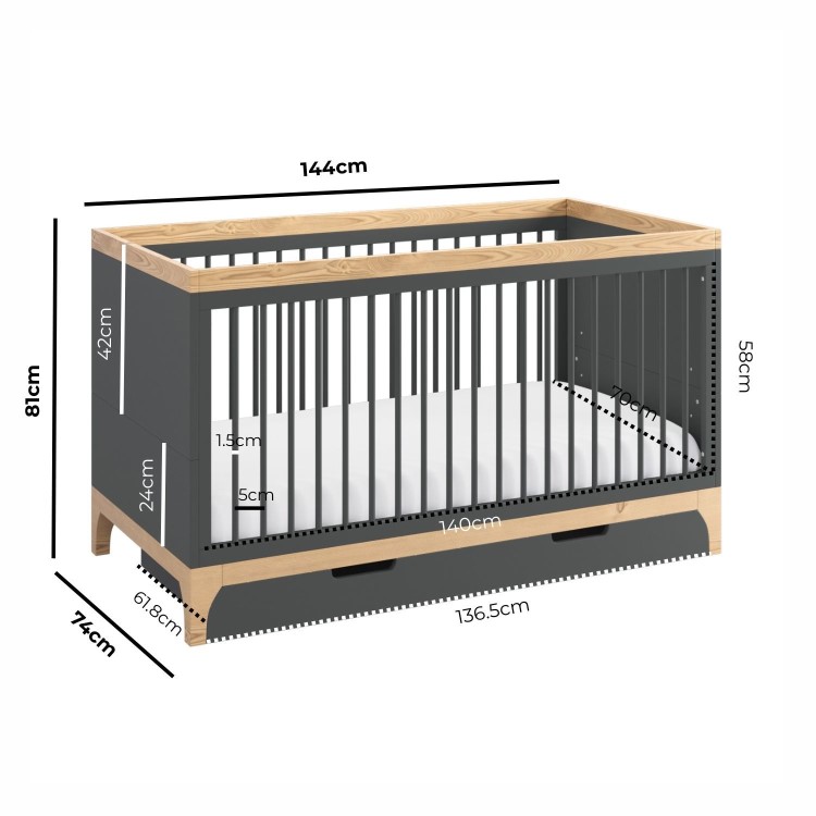 Grey and Wood Convertible Cot Bed with Drawer Storage - Rue