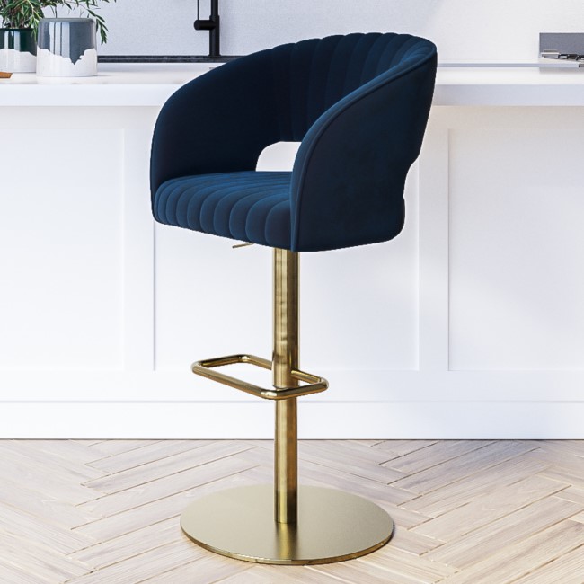 Navy Blue Velvet Adjustable Swivel Bar Stool with Curved Back - Runa