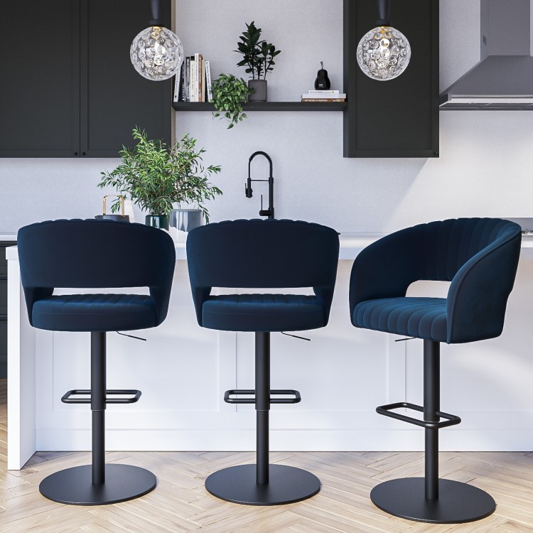 Blue Velvet Adjustable Swivel Bar Stool with Back - Runa