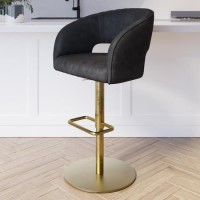 Curved Black Faux Leather Adjustable Swivel Bar Stool with Brass Base - Runa Curved Black Faux Leather Adjustable Swivel Bar Stool with Brass Base - Runa