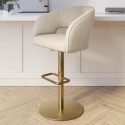 RUN008 Curved Beige Upholstered Adjustable Swivel Bar Stool with Gold Base - Runa