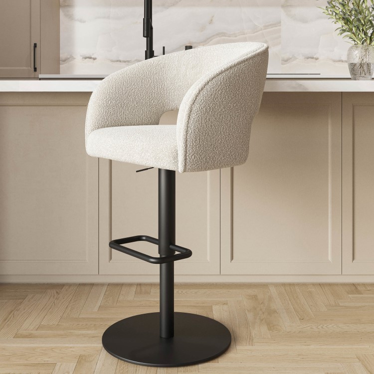 ALMOST PERFECT - Runa Curved Beige Boucle Adjustable Swivel Barstool with Black Metal Base