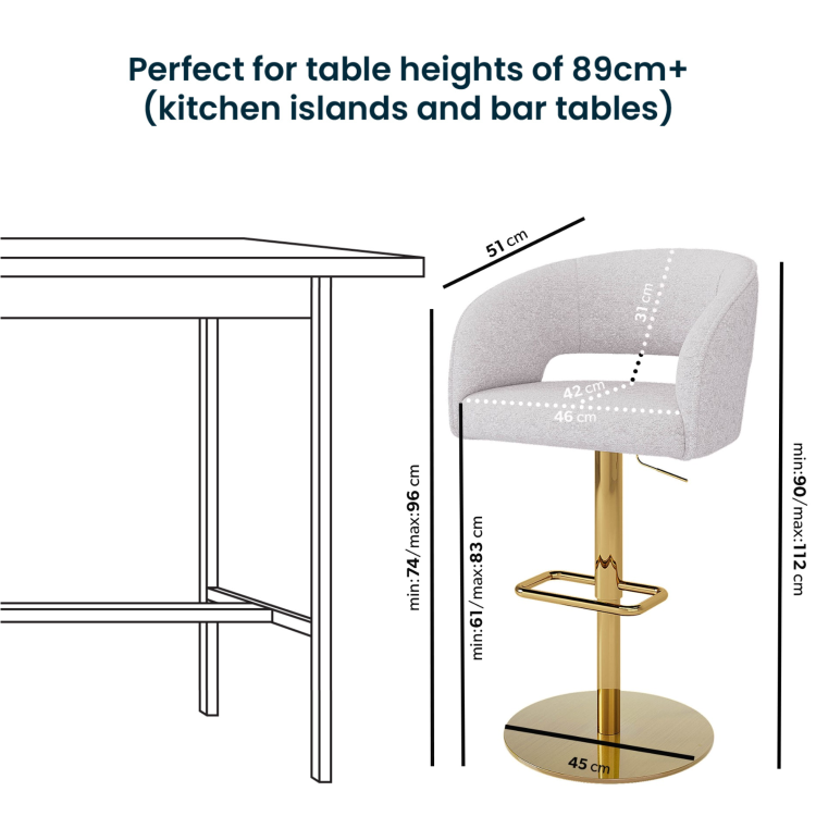 ONLY OPENED - Runa Curved Beige Boucle Adjustable Swivel Barstool with Gold Base