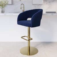 Curved Navy Blue Upholstered Adjustable Swivel Bar Stool with Gold Base - Runa Curved Navy Blue Upholstered Adjustable Swivel Bar Stool with Gold Base - Runa