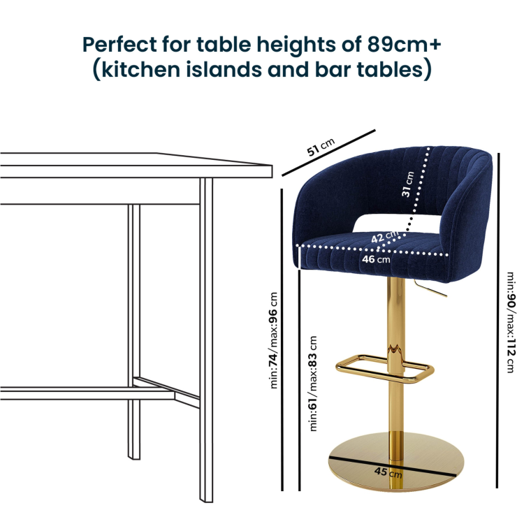 ALMOST PERFECT - Runa Curved Navy Blue Fabric Adjustable Swivel Barstool with Gold Base