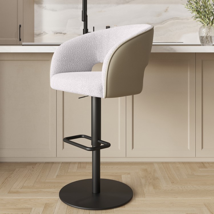 Curved Beige Boucle and Faux Leather Adjustable Swivel Bar Stool with Black Metal Base - Runa