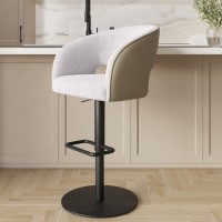 Curved Beige Boucle and Faux Leather Adjustable Swivel Bar Stool with Black Metal Base - Runa Curved Beige Boucle and Faux Leather Adjustable Swivel Bar Stool with Black Metal Base - Runa