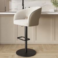 Curved Beige Boucle and Faux Leather Adjustable Swivel Bar Stool with Black Metal Base - Runa