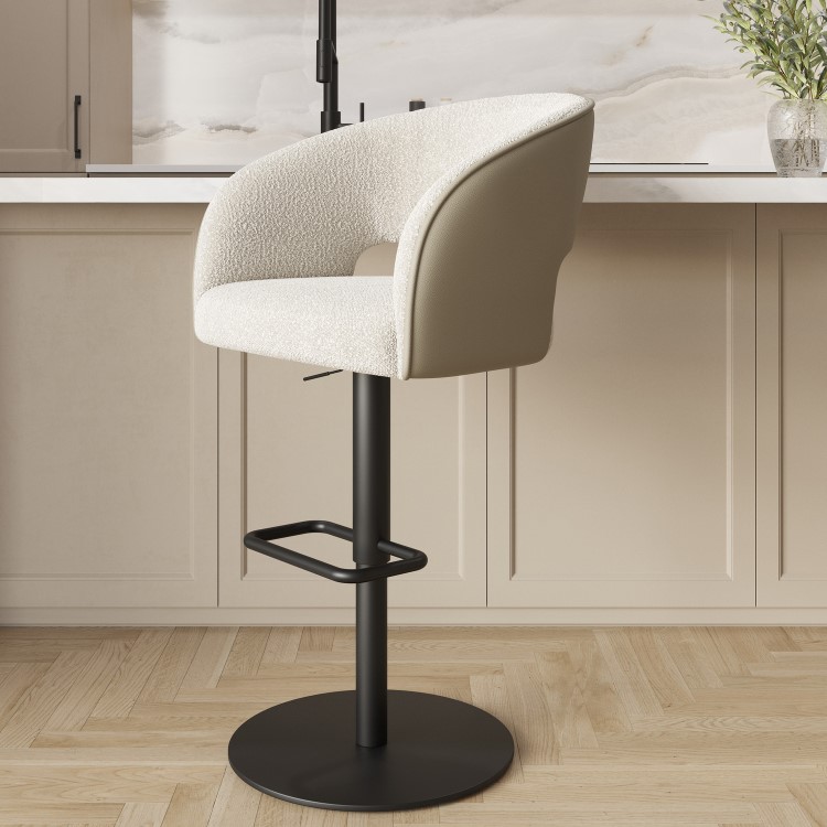Curved Beige Boucle and Faux Leather Adjustable Swivel Bar Stool with Black Metal Base - Runa