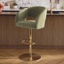 RUN014 Curved Sage Green Velvet Adjustable Swivel Bar Stool with Gold Metal Base - Runa