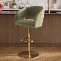Curved Sage Green Velvet Adjustable Swivel Bar Stool with Gold Metal Base - Runa