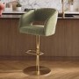 Curved Sage Green Velvet Adjustable Swivel Bar Stool with Gold Metal Base - Runa