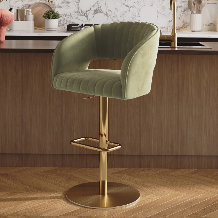 Curved Sage Green Velvet Adjustable Swivel Bar Stool with Gold Metal Base - Runa