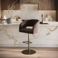 Curved Brown Velvet Adjustable Swivel Bar Stool with Brass Base - Runa