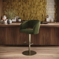Curved Olive Green Velvet Adjustable Swivel Bar Stool with Brass Base - Runa