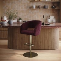 Curved Burgundy Velvet Adjustable Swivel Bar Stool with Brass Base - Runa