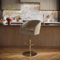 Curved Beige Faux Leather Adjustable Swivel Bar Stool with Gold Base - Runa