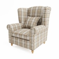 Beige Tartan High Back Armchair - Rupert