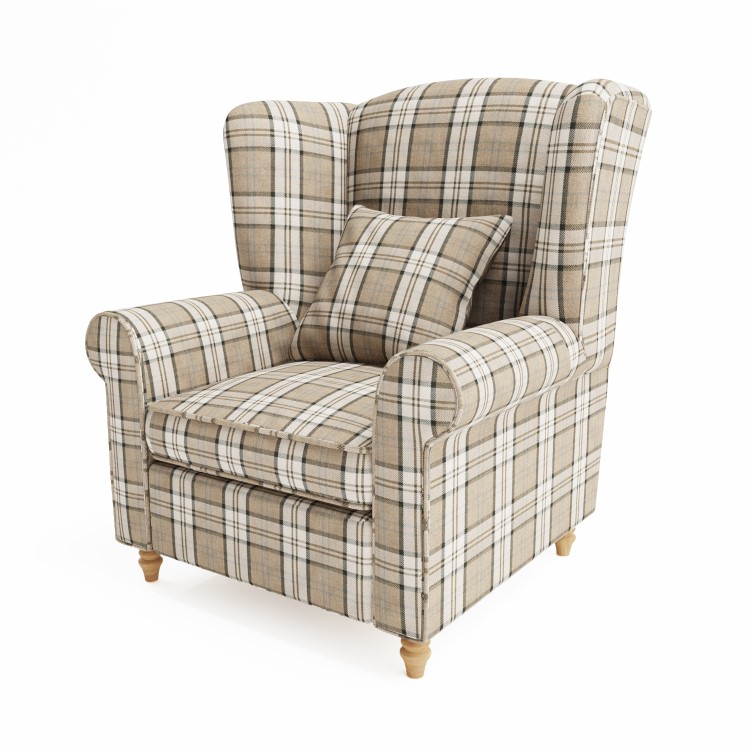 Beige Tartan High Back Armchair - Rupert