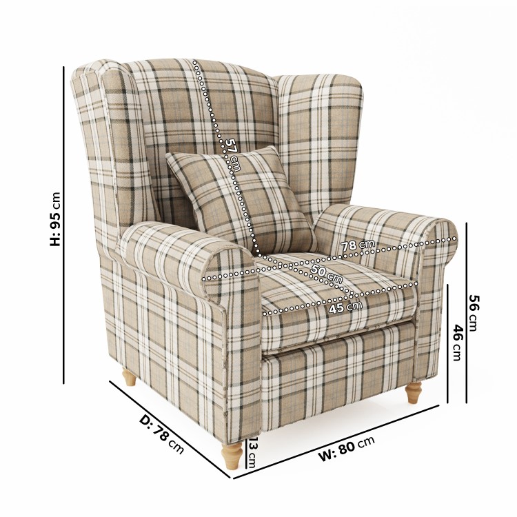 Beige Tartan High Back Armchair - Rupert
